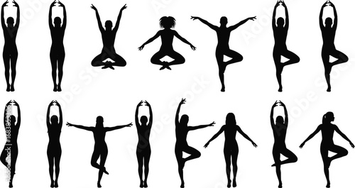 Black silhouette vector set of fifteen yoga and dance poses, fitness exercise clipart, body movement illustration for wellness, sport, and decoration