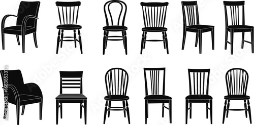 Black silhouette vector set of twelve different chair designs, furniture clipart icons, interior seating collection for decoration, design, and home styling
