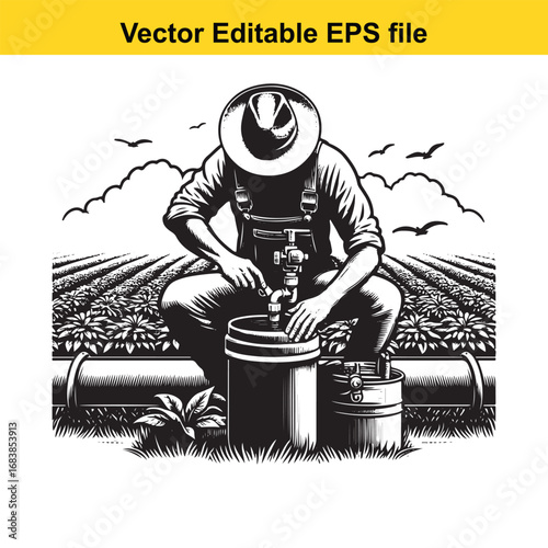 Farmer working in a field, tending to crops with buckets and water supply