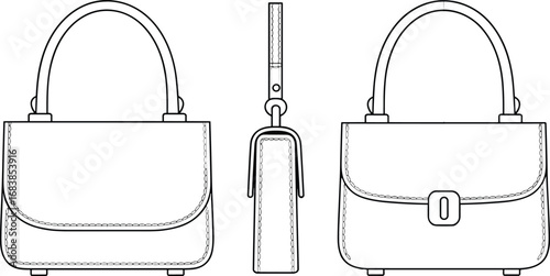 Technical vector sketch of structured handbag with dual handles, flap buckle closure, stitching details, front, side, and back views