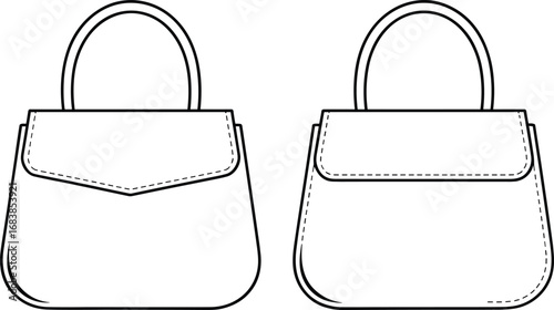 Two handbag technical fashion illustrations with flap variations, stitching details, and top handles in clean black and white vector style