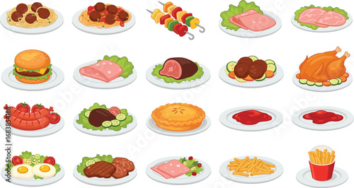 Vector food illustration set with meat, pasta, fries, eggs, vegetables, sauces, grilled dishes, cartoon style, isolated on white background