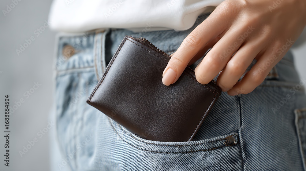 Fototapeta premium Hand placing a brown leather wallet with a zipper into the front pocket of light blue denim jeans