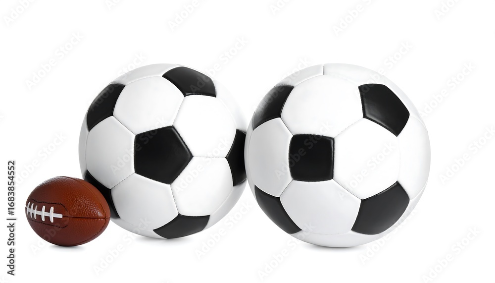 Obraz premium Two soccer balls and one football on white background