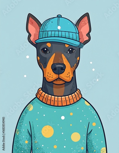 Stylish dog portrait, wearing winter outfit