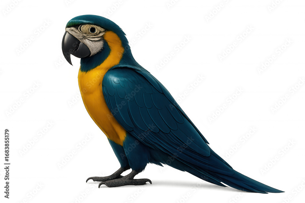 Fototapeta premium Blue-yellow macaw perching, detailed vector illustration against transparent backdrop, ideal for graphic design and branding needs