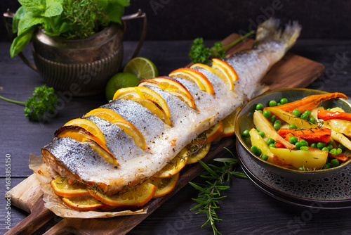 Roasted salmon with lemon, oranges and herbs