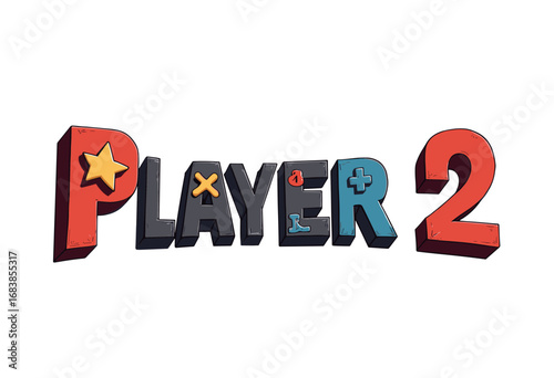 Colorful 3D text of Player 2 with gaming icons and shapes  