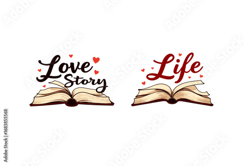 Open book with text 'Love Story' and 'Life' concept of paired prints for him and her, text logo  