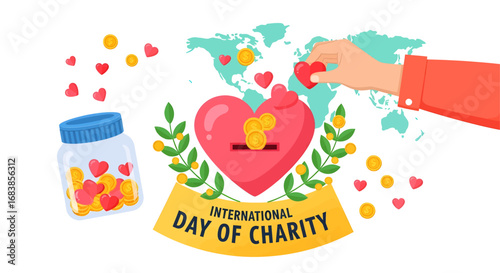 Illustration design vector art of international day of charity with heart and donation
