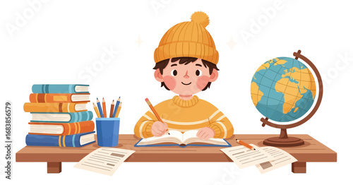 Illustration design vector art of happy child studying at desk with books and globe