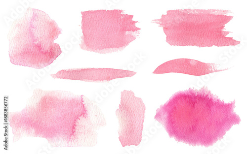 Watercolor pink brush stains. Pastel colored hand drawn brush strokes set