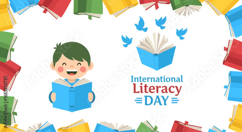 Illustration design vector art of international literacy day with boy reading
