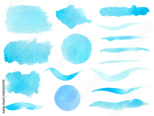 Watercolor blue brush stains. Pastel colored hand drawn brush strokes set