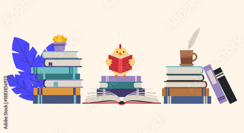 Illustration design vector art of cute bird reading books in colorful library setup