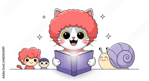 Illustration design vector art of cute cat reading book with friends