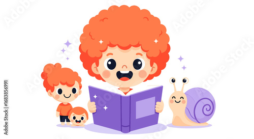 Illustration design vector art of child reading book with cute animals illustration