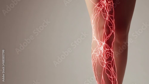 Closeup medical visualization of a human leg showing varicose veins and circulatory pathways on a neutral background.