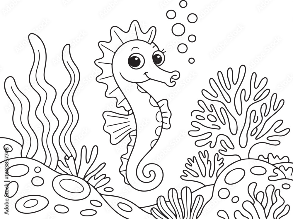 Obraz premium Ocean Life, Seahorse Surrounded by Marine Plants and Bubbles