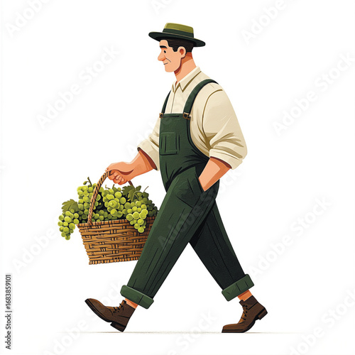 Illustration of a farmer in overalls walking with a wicker basket of grapes, symbolizing wine production and agriculture. Vector illustration