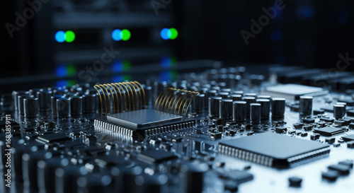 Close-up of a complex motherboard with glowing lights and intricate circuitry details