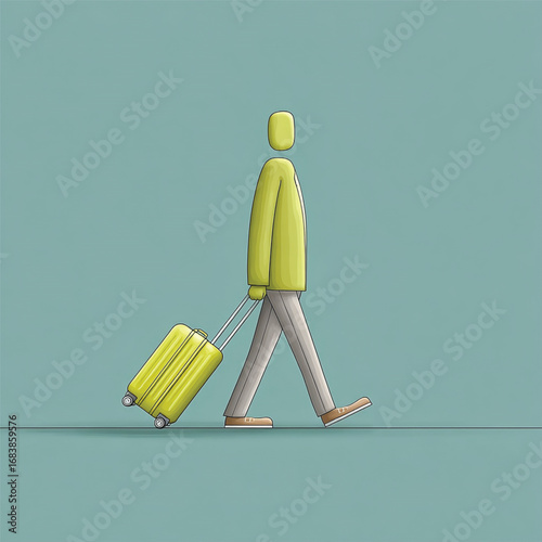 Simple illustration of a person walking with a suitcase, symbolising modern travel, tourism, and global mobility.. Vector illustration