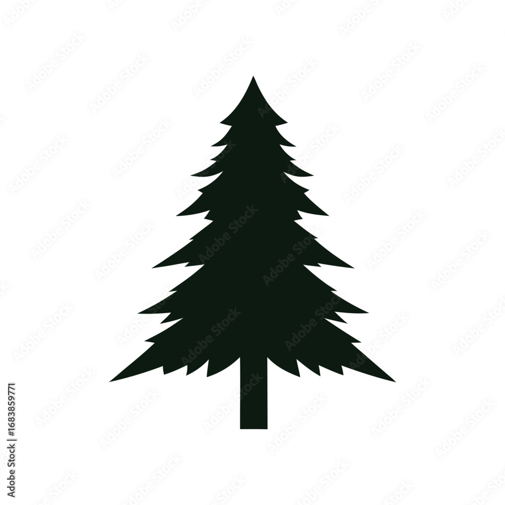 Obraz premium A simple dark green silhouette of a coniferous tree with a thick trunk and layered branches against a solid black background evoking nature and winter