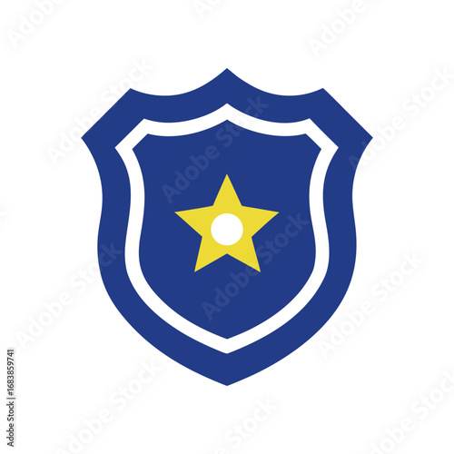 A simple stylized blue shield with a yellow star and black outline representing a police badge symbolizing law enforcement justice security and authority