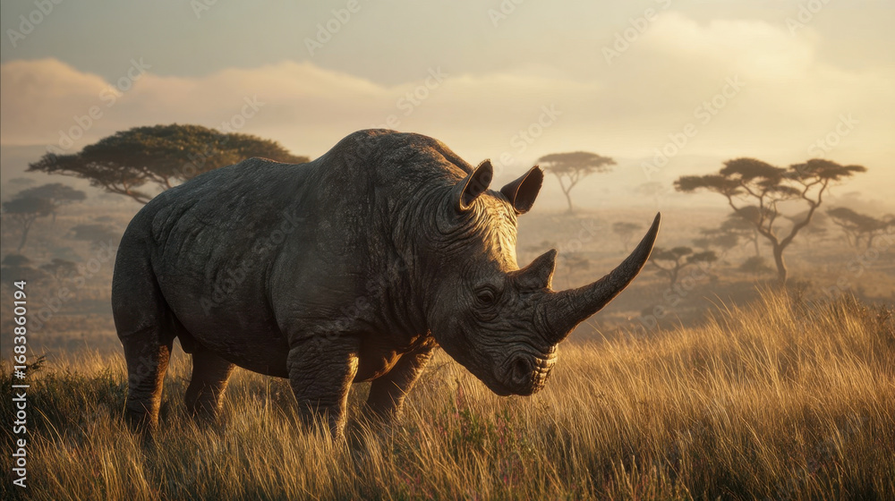 Obraz premium African rhinoceros grazing on golden savannah grass at dawn, safari scene in natural habitat