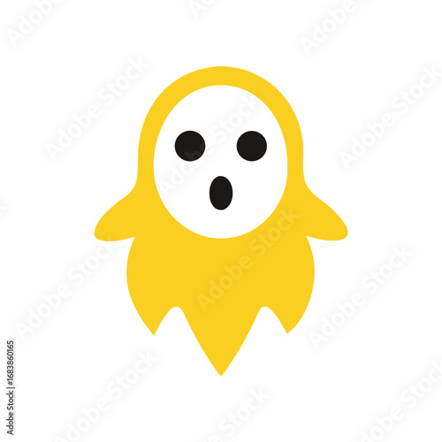 A minimalist yellow cartoon ghost with three black eyes and an open mouth is floating against a stark black background representing a simple and friendly spectral character