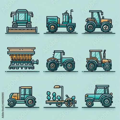 Collection of vector-style icons showing tractors, harvesters, and farm equipment, perfect for agriculture and farming design concepts. Vector illustration