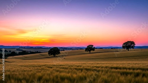 A breathtaking sunset paints a golden landscape of rolling hills and a field of tall grasses.