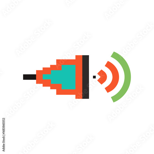 A pixel art representation of a sound wave emanating from a speaker cone symbolizing audio transmission broadcasting or signal output with a retro digital aesthetic on a black background