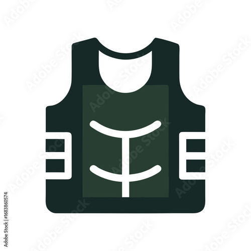 A flat design illustration of a dark green tactical vest or bulletproof vest isolated on a black background symbolizing protection and safety