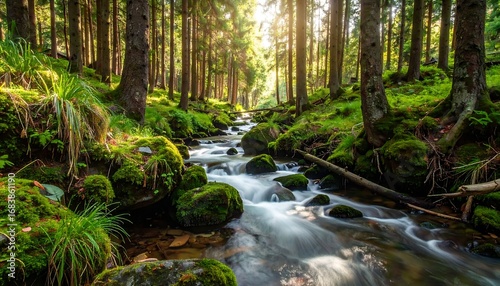 Sunlight streams through a mossy forest stream
