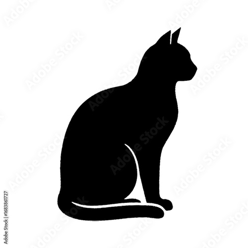 A black cat silhouette sitting calmly isolated on white background