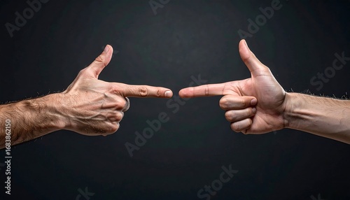 Two hands pointing at each other against a dark background