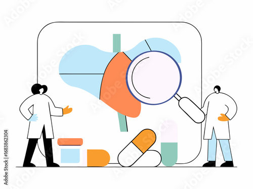 Diverse medical team examines lungs with magnifying glass and pills vector illustration