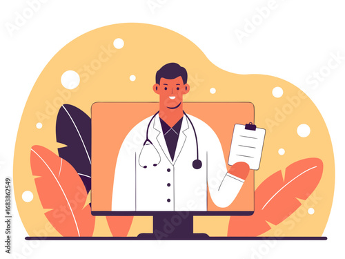 Doctor illustration in professional white coat with stethoscope offering telehealth consultation online