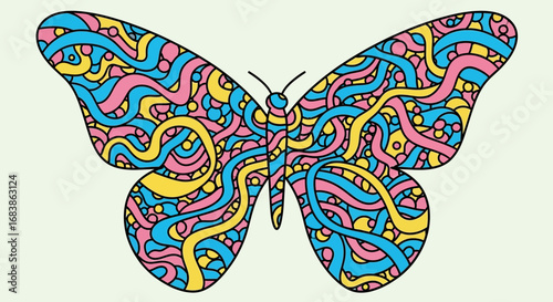Intricate and colorful butterfly illustration with abstract wavy patterns filling its wings, isolated on a light background