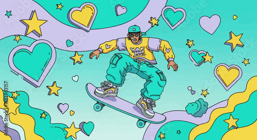 A skateboarder performing a trick amidst a vibrant, colorful background with hearts and stars, embodying youth culture