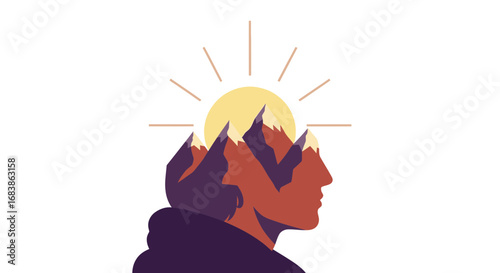 Double exposure silhouette of a mans head filled with a mountain landscape and sun rays, symbolizing thought and nature