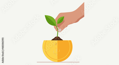 Hand planting a sprout in a halved orange, symbolizing new beginnings, growth, and organic development