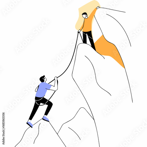 Vector illustration of climbers reaching mountain summit with flag symbolic of success and achievement