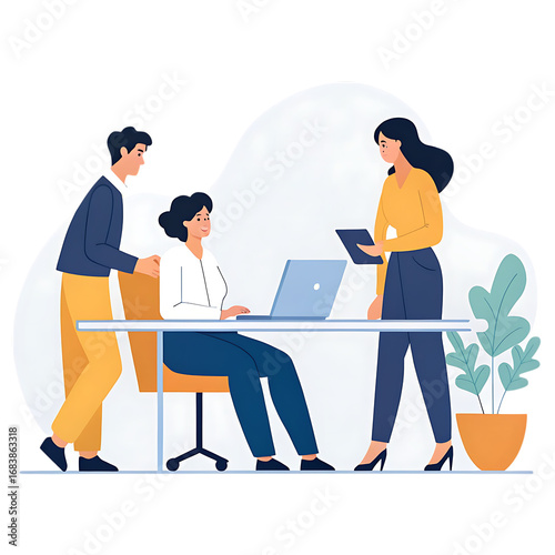 Diverse team collaborating around a laptop in an office