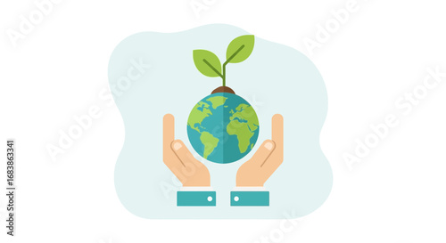 Hands holding planet earth with a sprout growing from it, symbolizing environmental protection and growth