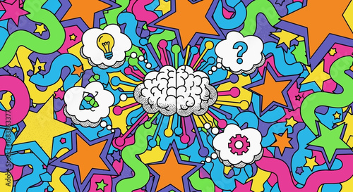 Colorful abstract background with a stylized brain and thought bubbles representing ideas, questions, and processes