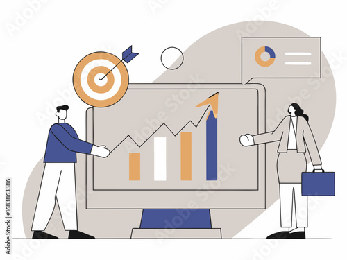 Business professionals collaborating digitally analyzing growth chart on computer screen vector illustration