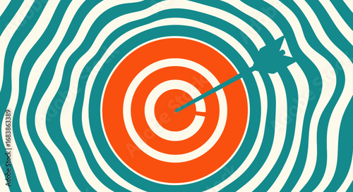 A stylized target with an arrow hitting the bullseye, set against a wavy, retroinspired background, symbolizing focus, accuracy, and achieving goals