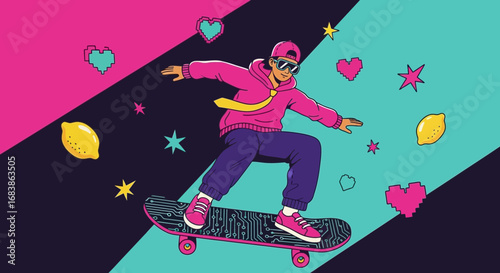Dynamic illustration of a person skateboarding with vibrant colors, hearts, stars, and lemons, evoking a retro or 80s aesthetic